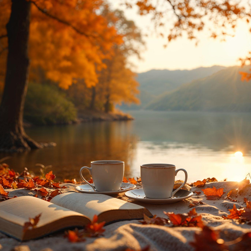 紅葉の湖畔で楽しむミカド珈琲の秋ブレンド 2つのカップと静かなひととき