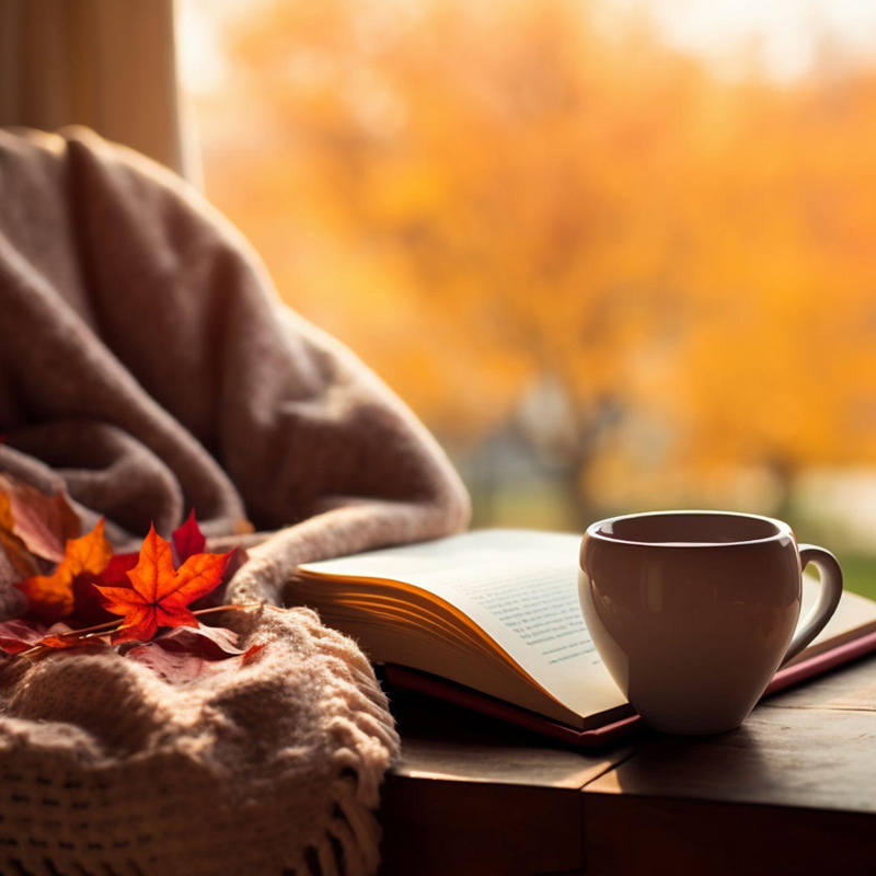 窓辺のソファとコーヒーカップ、紅葉が彩る秋のやすらぎのひととき